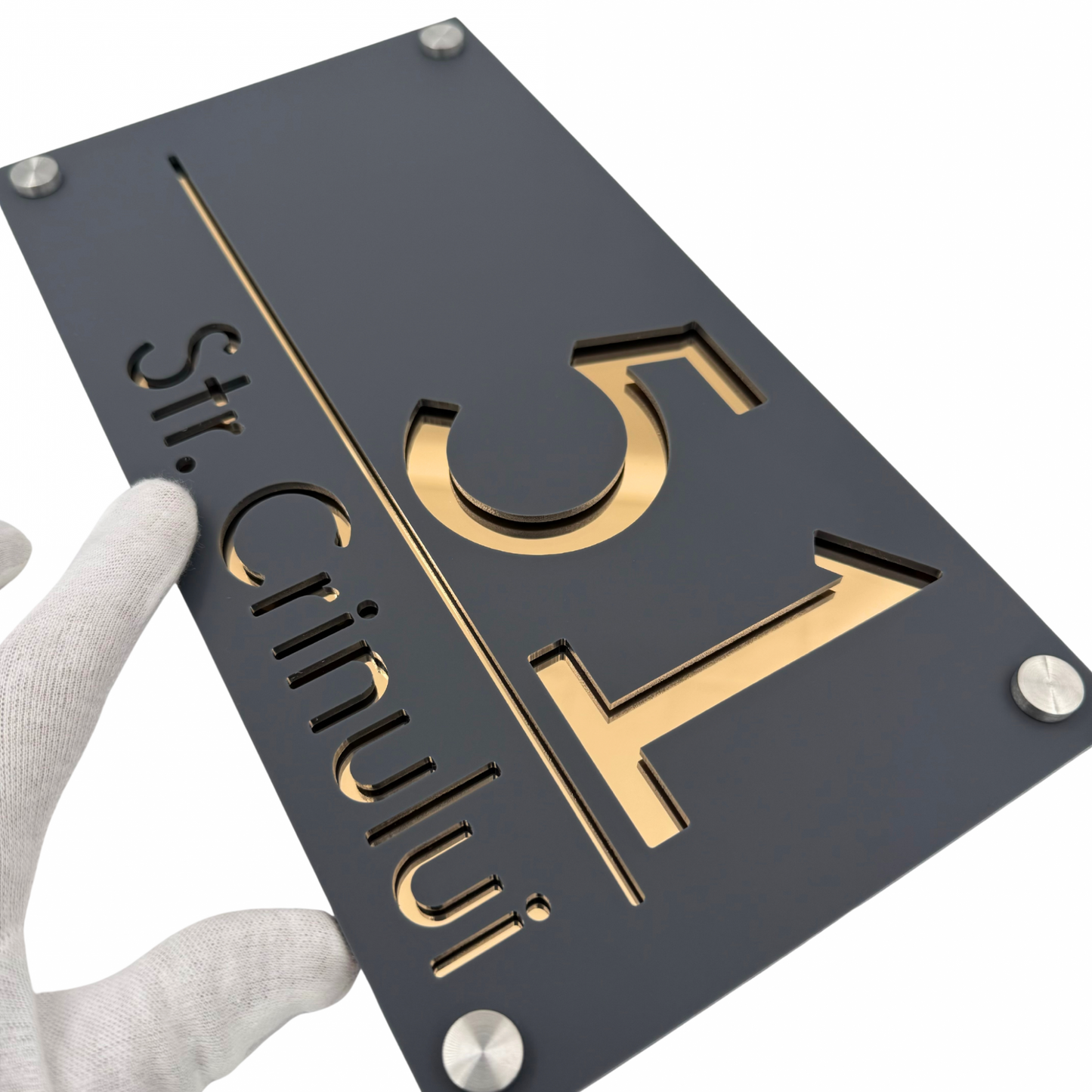 PREMIUM HOUSE NUMBER - Satin Grey Gold Mirror 4 Spacers Silver - 28×15 cm