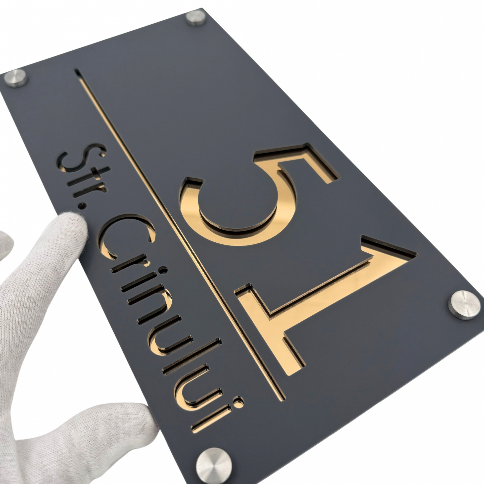 PREMIUM HOUSE NUMBER - Satin Grey Gold Mirror 4 Spacers Silver - 28×15 cm