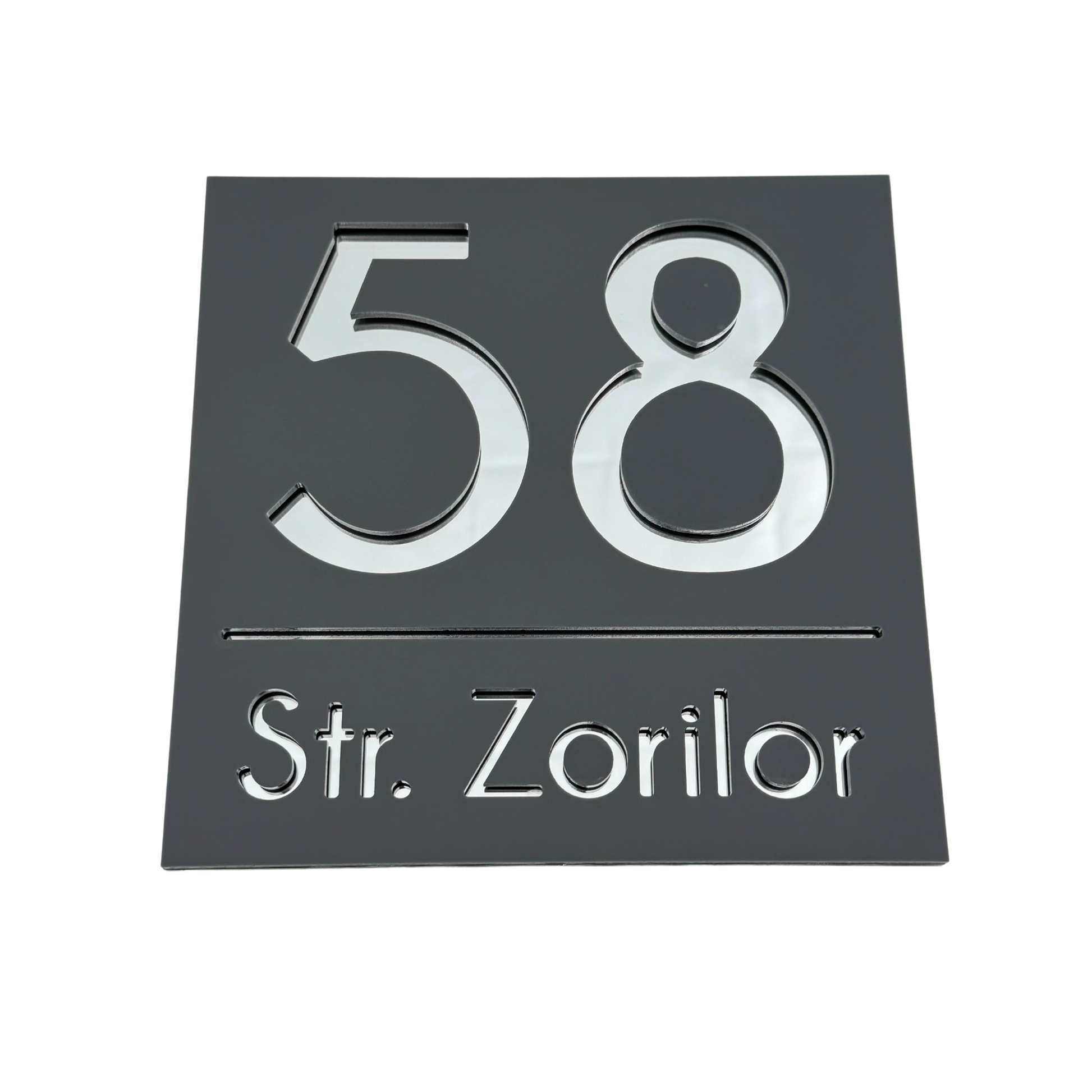 PREMIUM HOUSE NUMBER - Satin Grey Silver Mirror - 17×17 cm