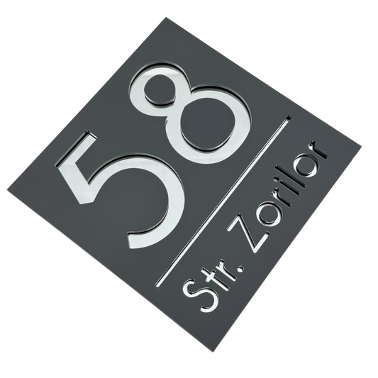 PREMIUM HOUSE NUMBER - Satin Grey Silver Mirror - 17×17 cm