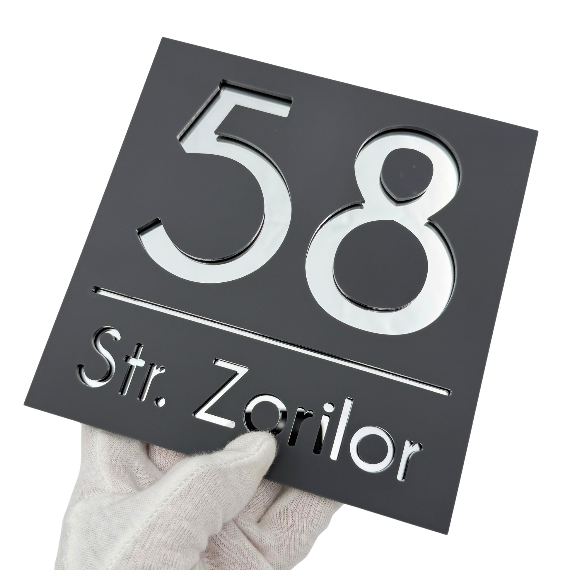 PREMIUM HOUSE NUMBER - Satin Grey Silver Mirror - 17×17 cm