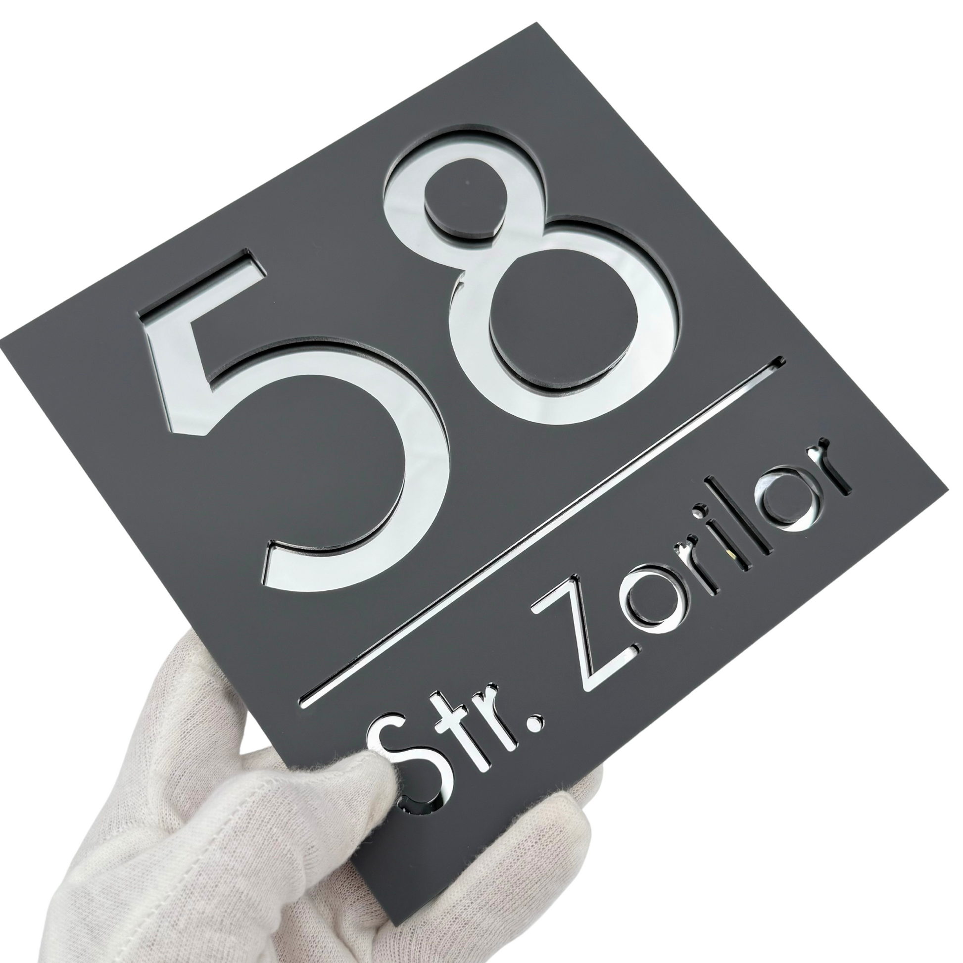 PREMIUM HOUSE NUMBER - Satin Grey Silver Mirror - 17×17 cm