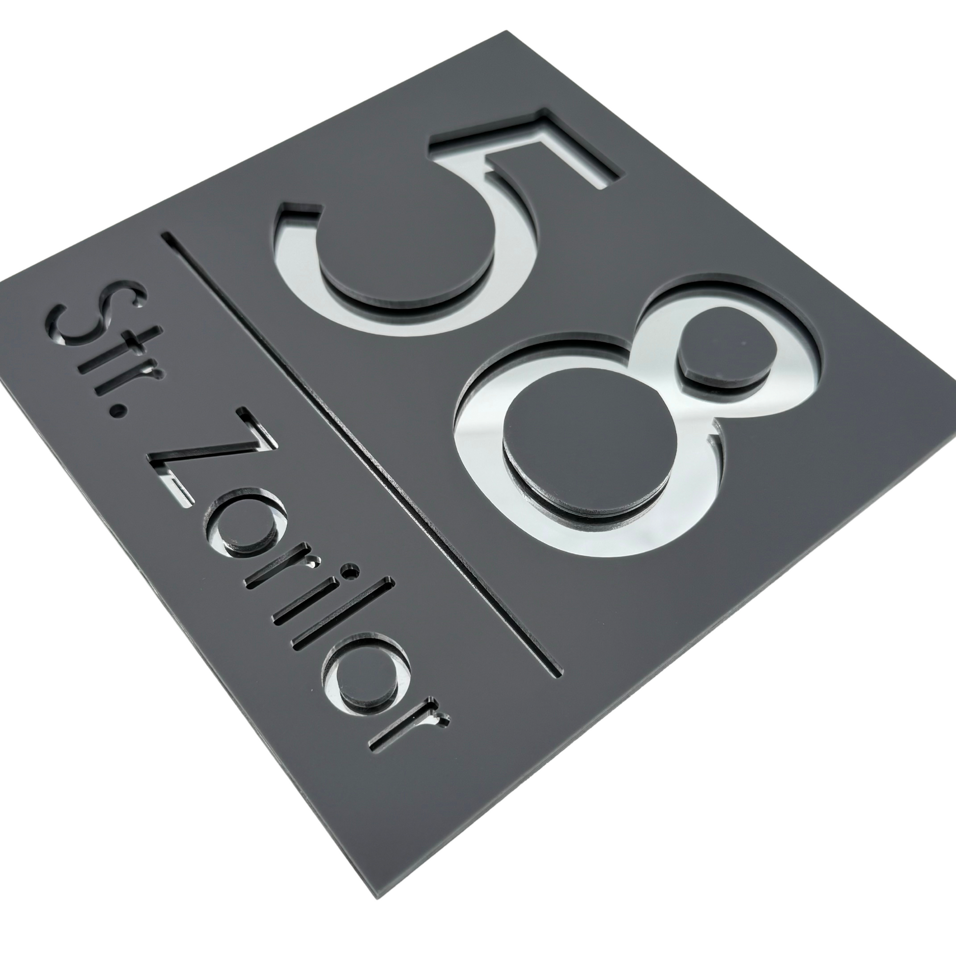 PREMIUM HOUSE NUMBER - Satin Grey Silver Mirror - 17×17 cm