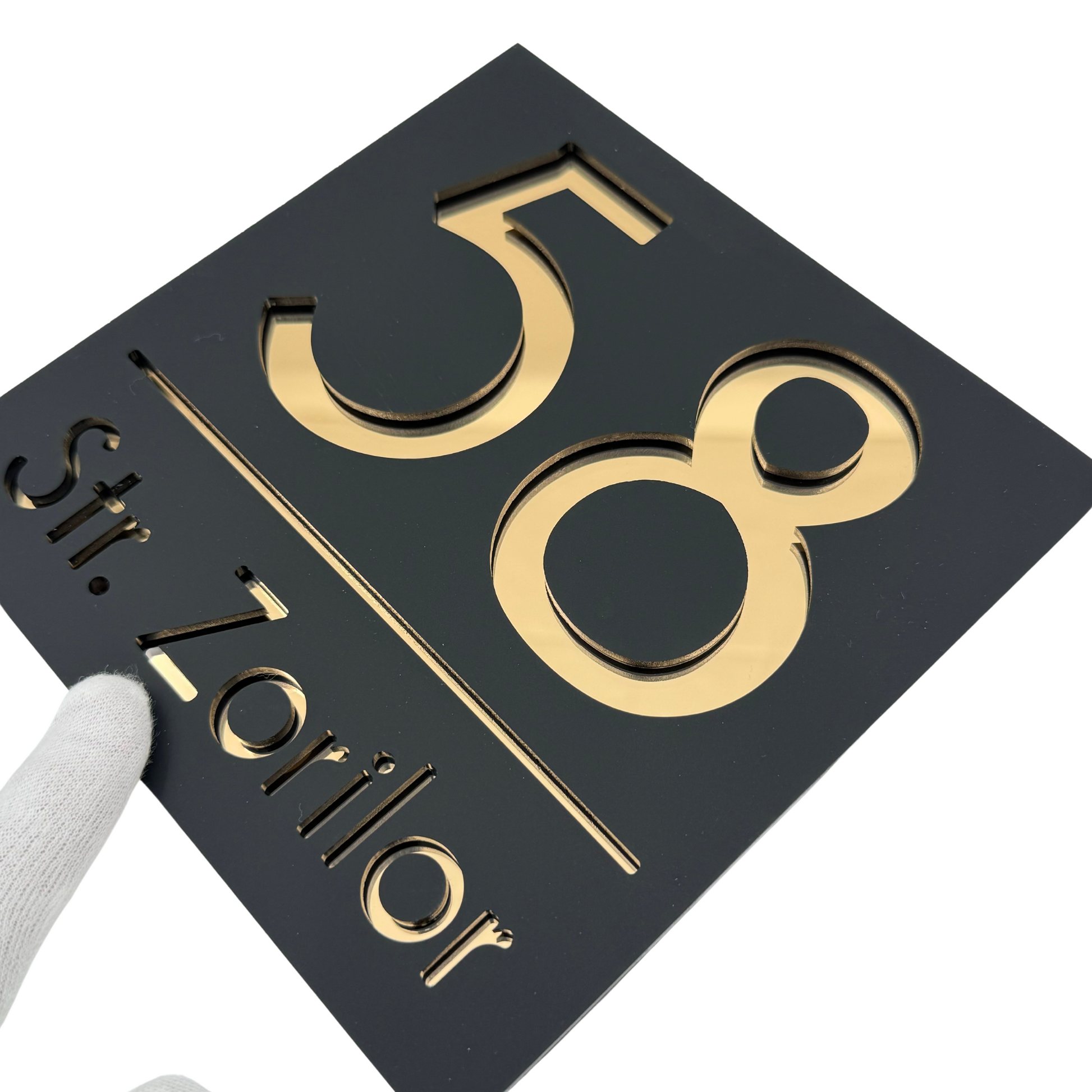 PREMIUM HOUSE NUMBER - Satin Black Gold Mirror - 17×17 cm
