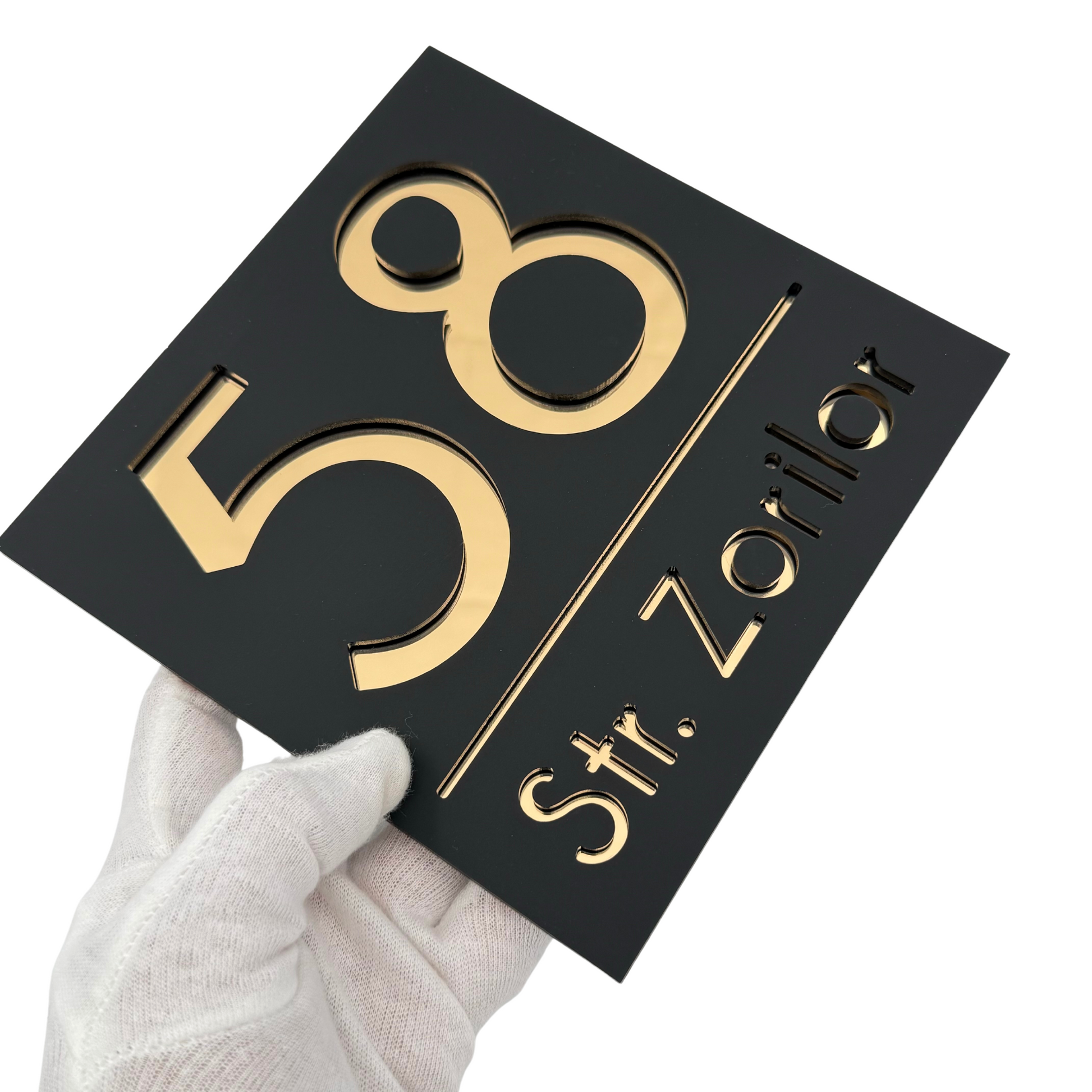 PREMIUM HOUSE NUMBER - Satin Black Gold Mirror - 17×17 cm