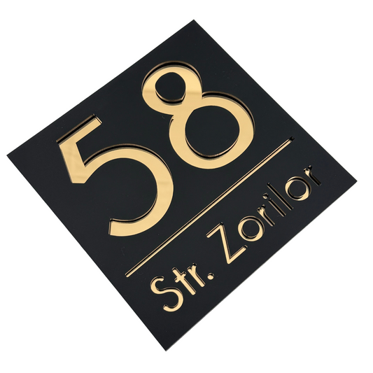 PREMIUM HOUSE NUMBER - Satin Black Gold Mirror - 17×17 cm