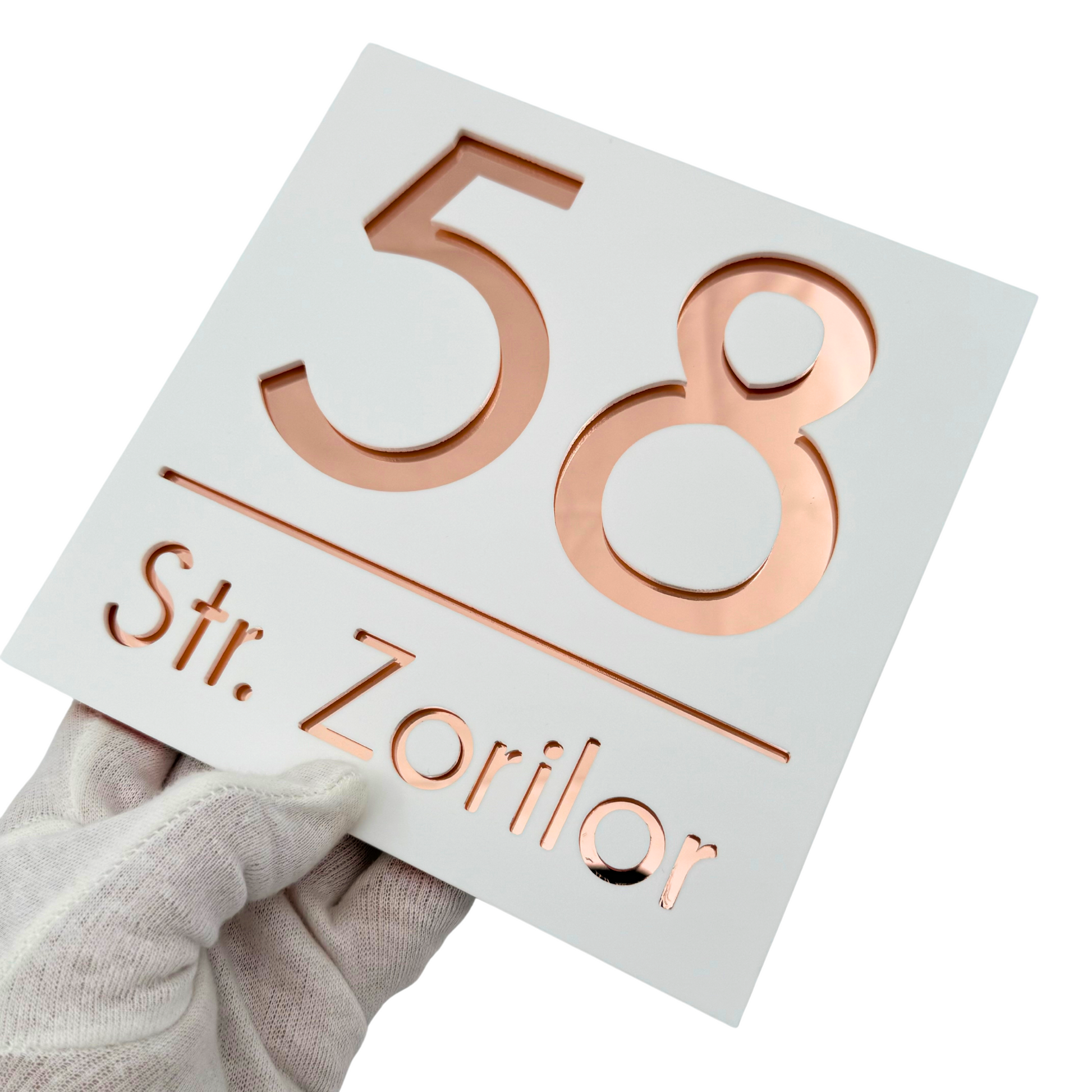 PREMIUM HOUSE NUMBER - White Satin Rose Gold Mirror - 17×17 cm