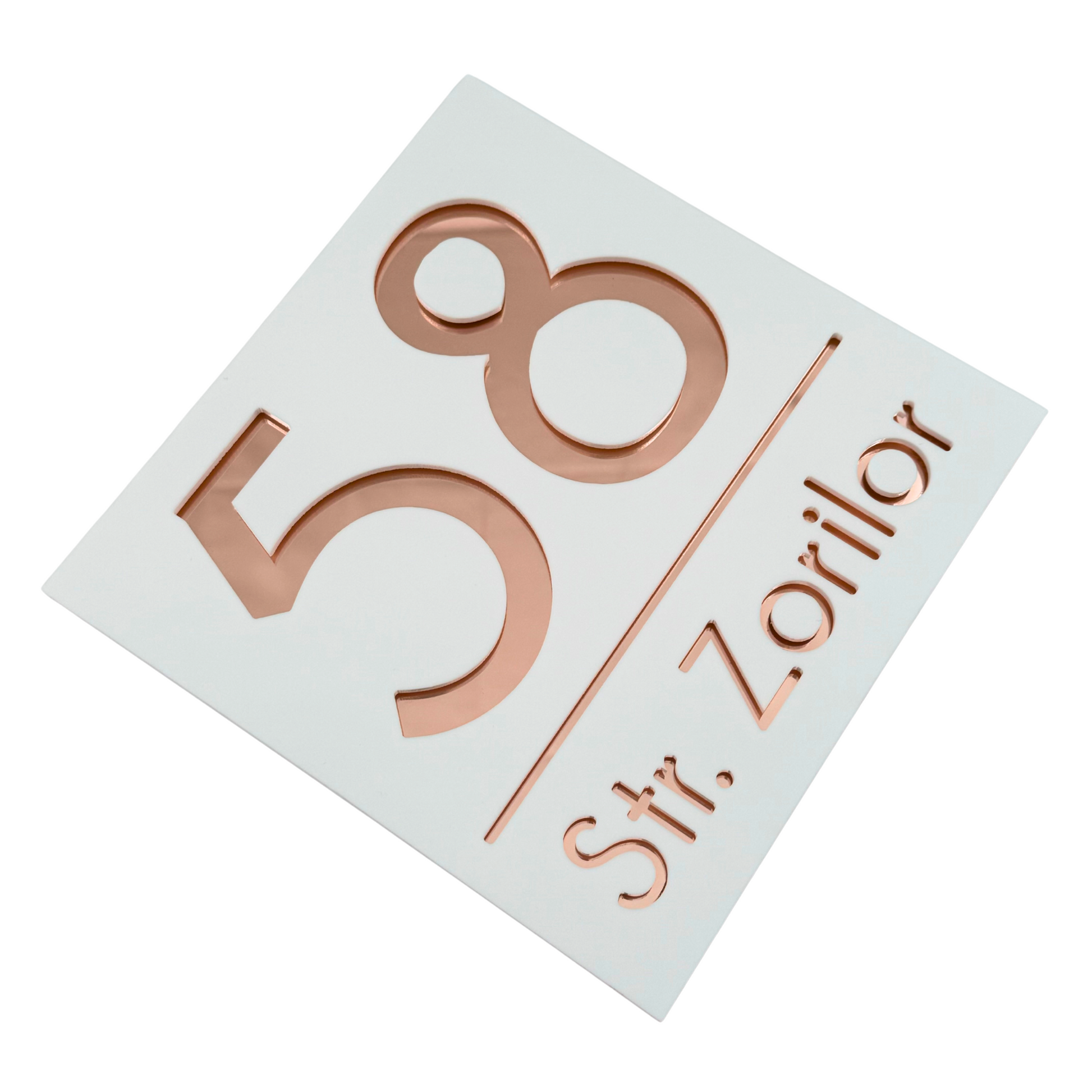 PREMIUM HOUSE NUMBER - White Satin Rose Gold Mirror - 17×17 cm