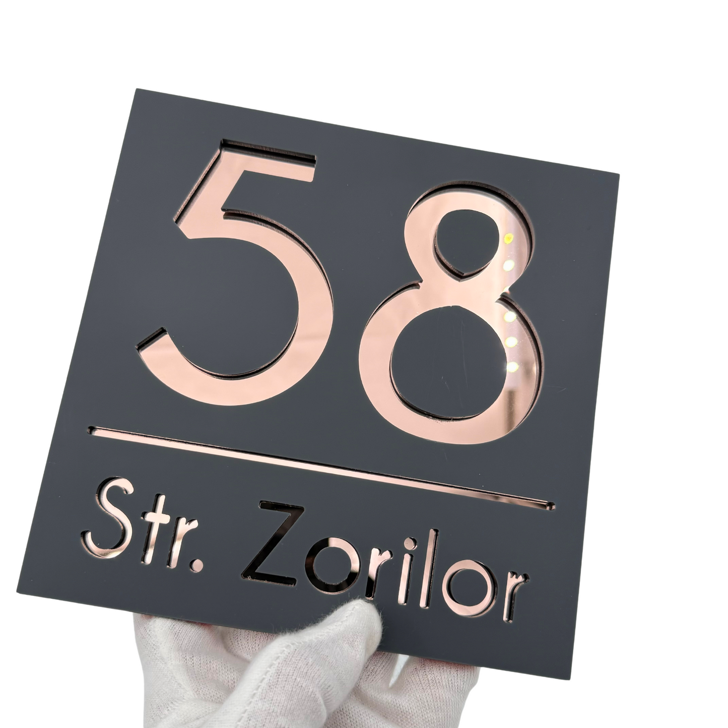 PREMIUM HOUSE NUMBER - Satin Black Rose Gold Mirror - 17×17 cm