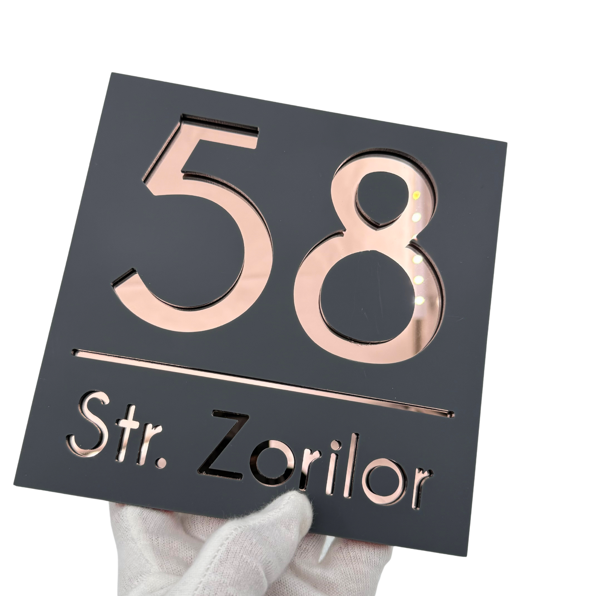 PREMIUM HOUSE NUMBER - Satin Black Rose Gold Mirror - 17×17 cm