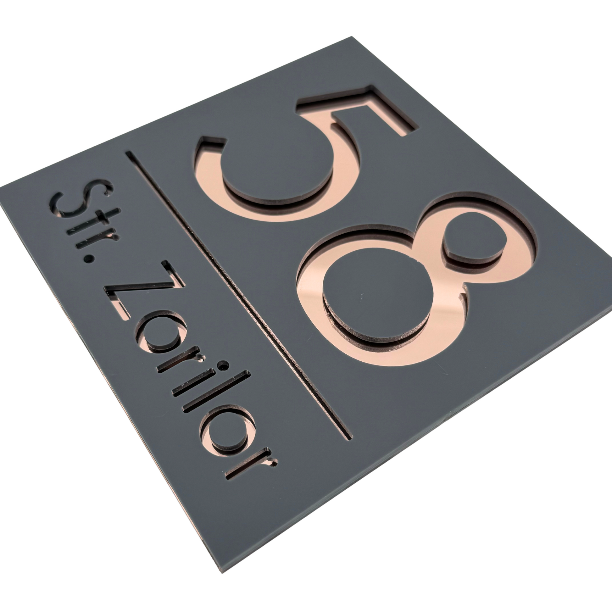 PREMIUM HOUSE NUMBER - Satin Black Rose Gold Mirror - 17×17 cm
