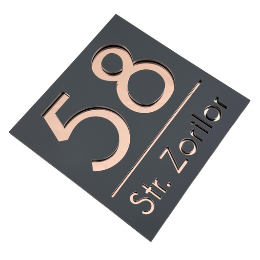 PREMIUM HOUSE NUMBER - Satin Black Rose Gold Mirror - 17×17 cm