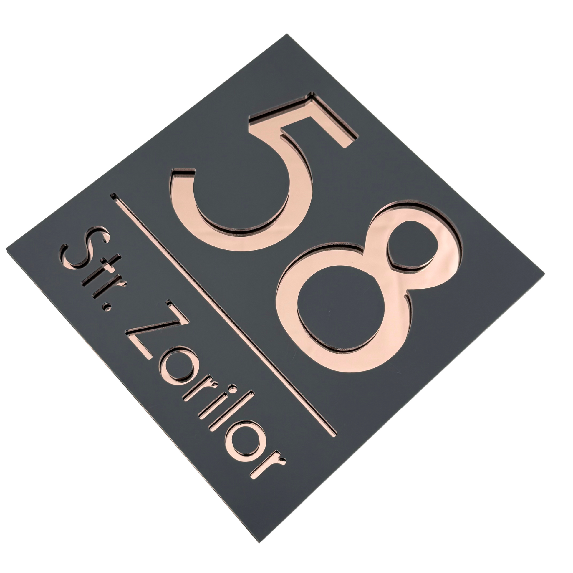 PREMIUM HOUSE NUMBER - Satin Black Rose Gold Mirror - 17×17 cm