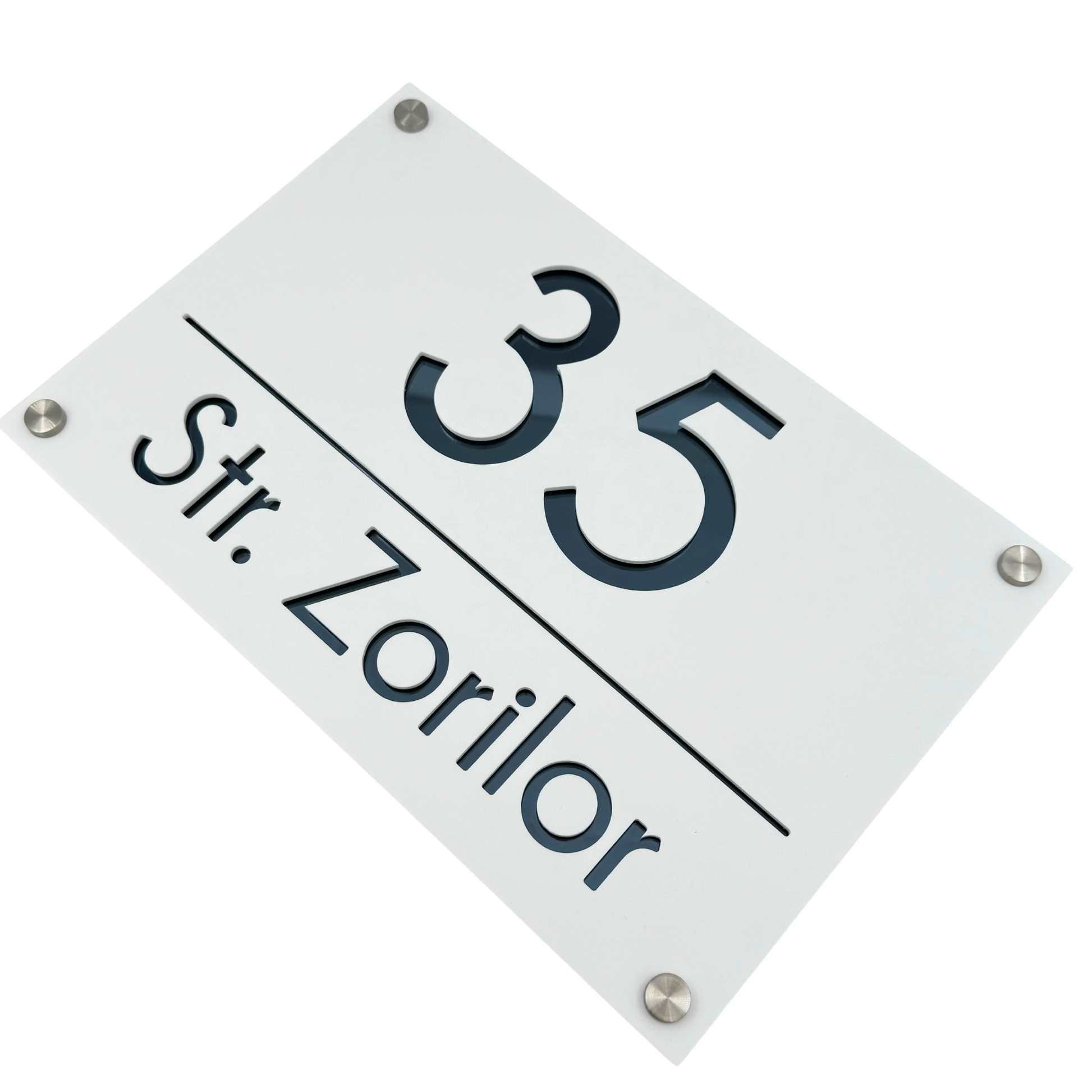 PREMIUM HOUSE NUMBER - White Satin Anthracite Grey Mirror 4 Spacers Silver - 30×20 cm