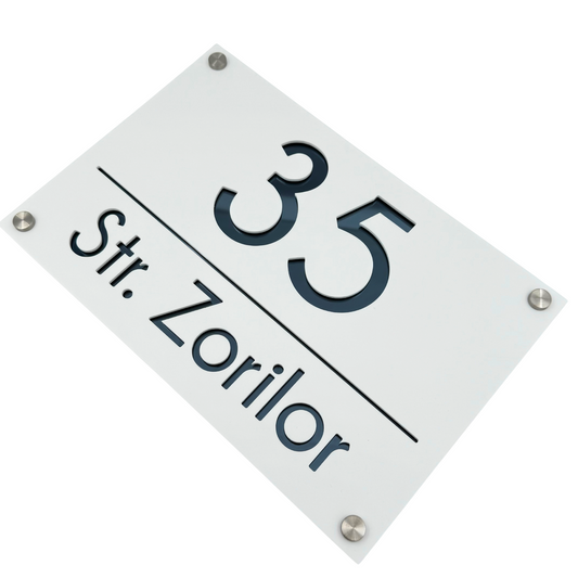 PREMIUM HOUSE NUMBER - White Satin Anthracite Grey Mirror 4 Spacers Silver - 30×20 cm