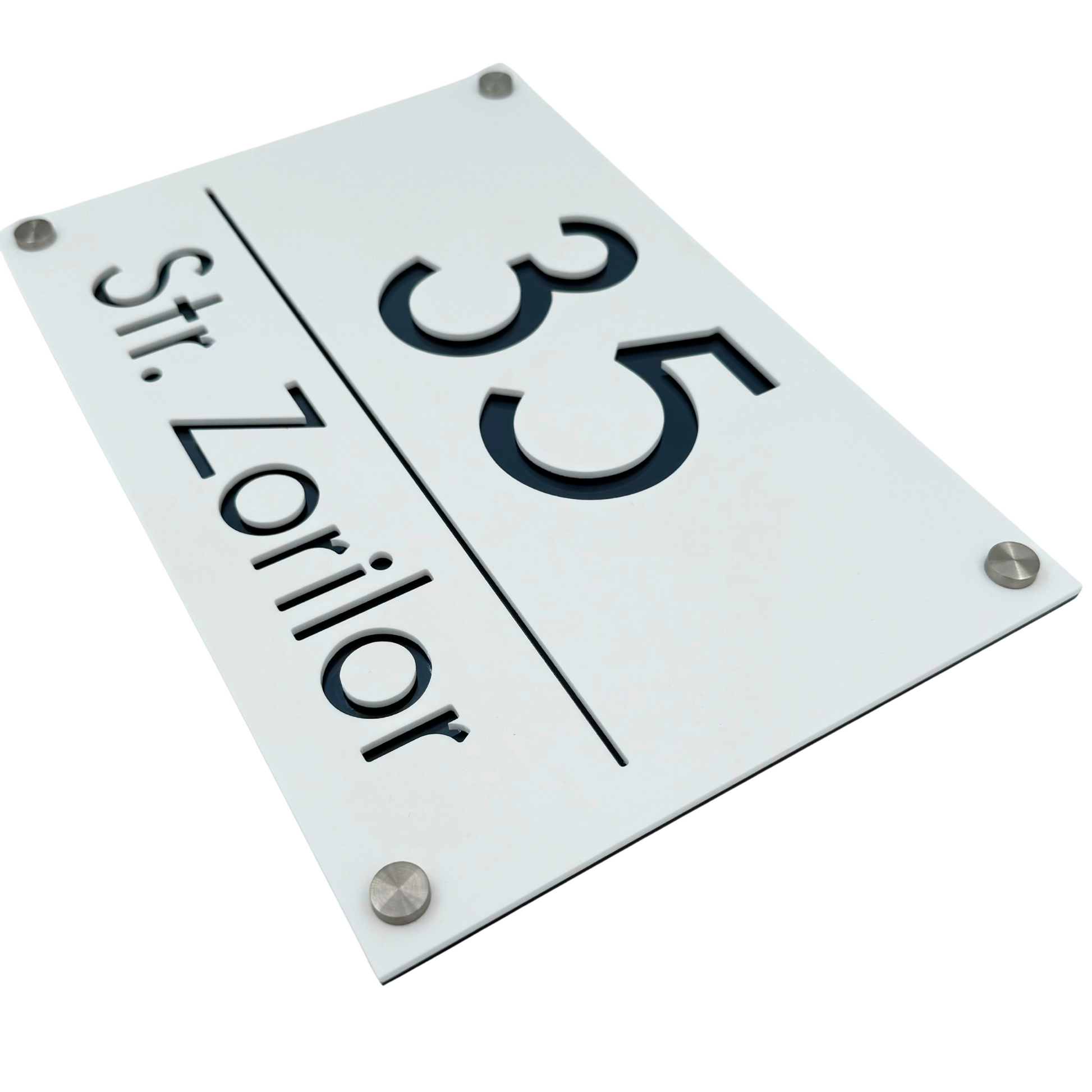 PREMIUM HOUSE NUMBER - White Satin Anthracite Grey Mirror 4 Spacers Silver - 30×20 cm