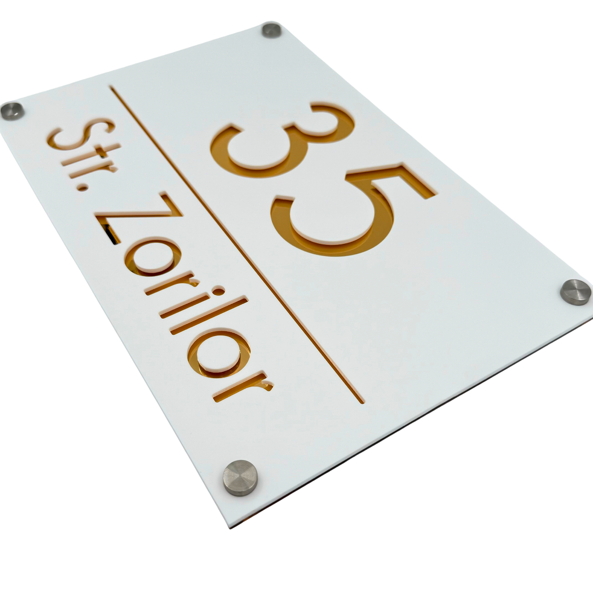 PREMIUM HOUSE NUMBER - White Satin Gold Mirror 4 Spacers Silver - 30×20 cm