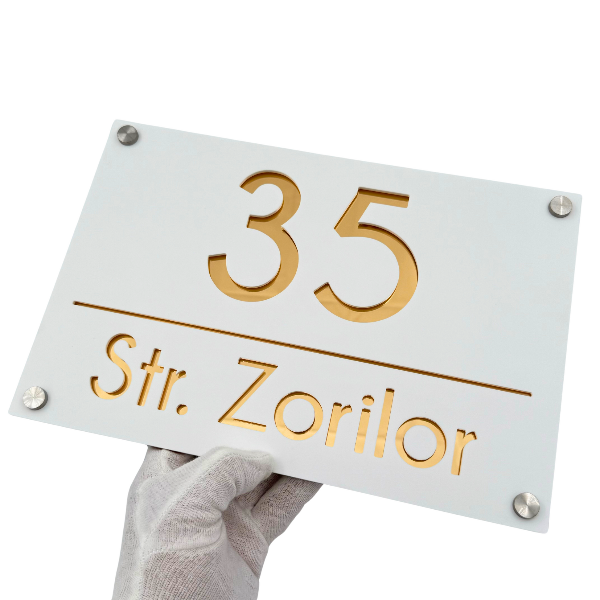 PREMIUM HOUSE NUMBER - White Satin Gold Mirror 4 Spacers Silver - 30×20 cm