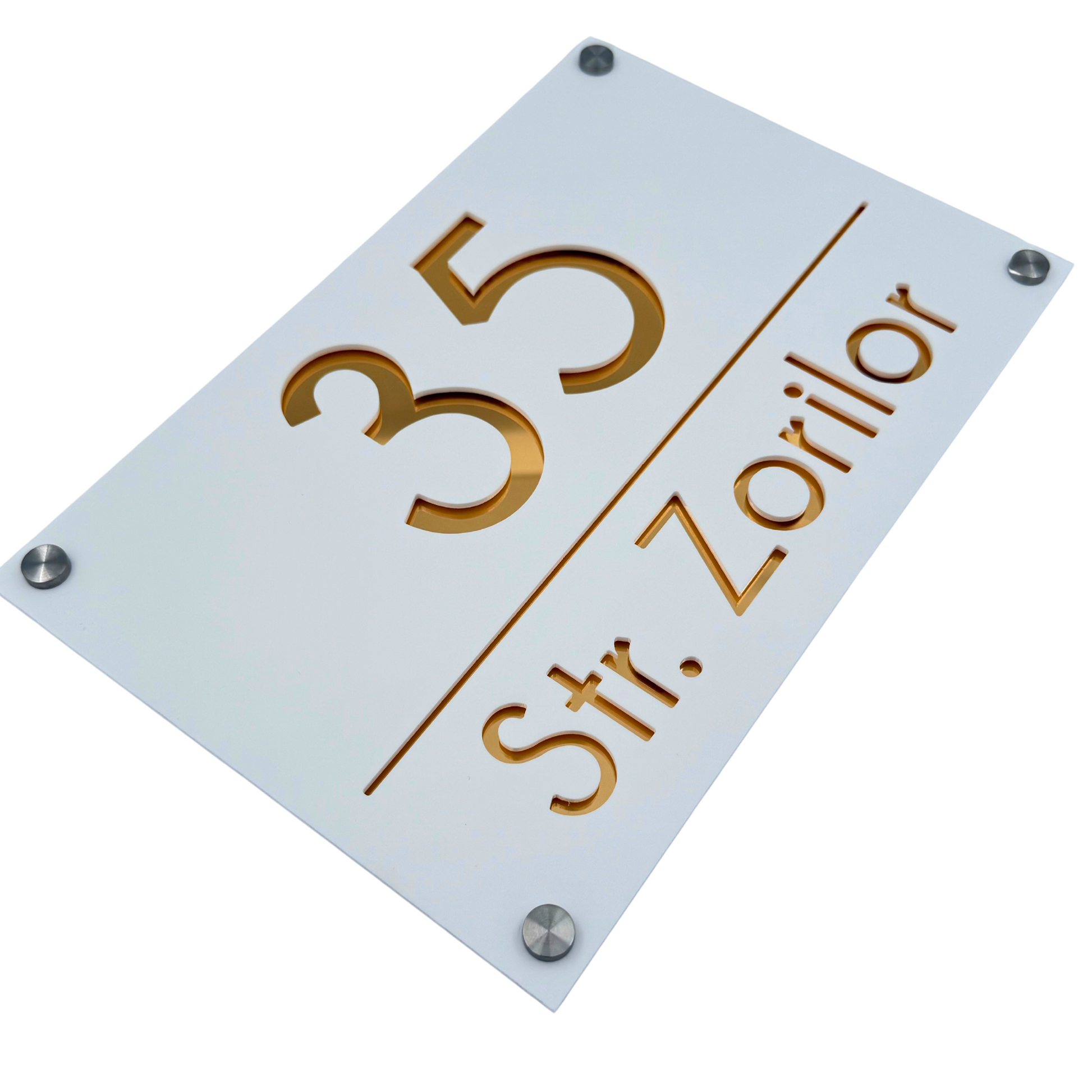 PREMIUM HOUSE NUMBER - White Satin Gold Mirror 4 Spacers Silver - 30×20 cm