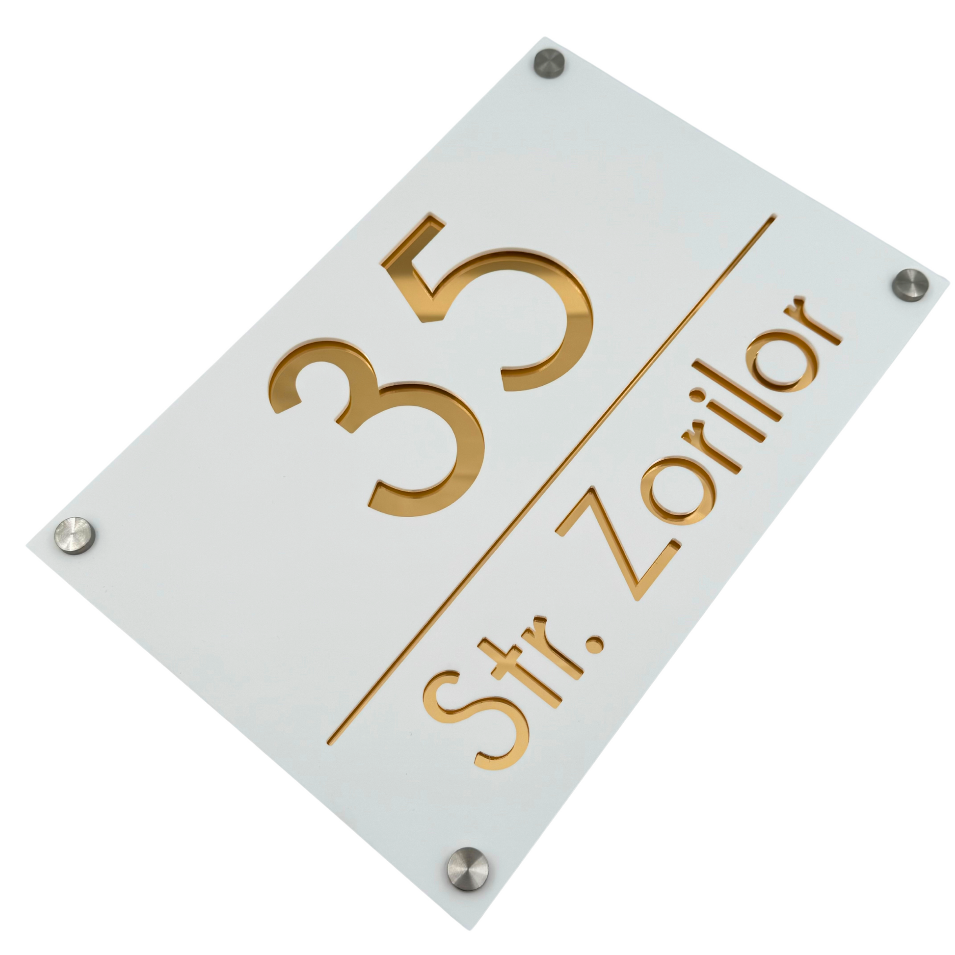 PREMIUM HOUSE NUMBER - White Satin Gold Mirror 4 Spacers Silver - 30×20 cm