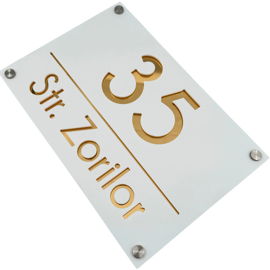 PREMIUM HOUSE NUMBER - White Satin Gold Mirror 4 Spacers Silver - 30×20 cm