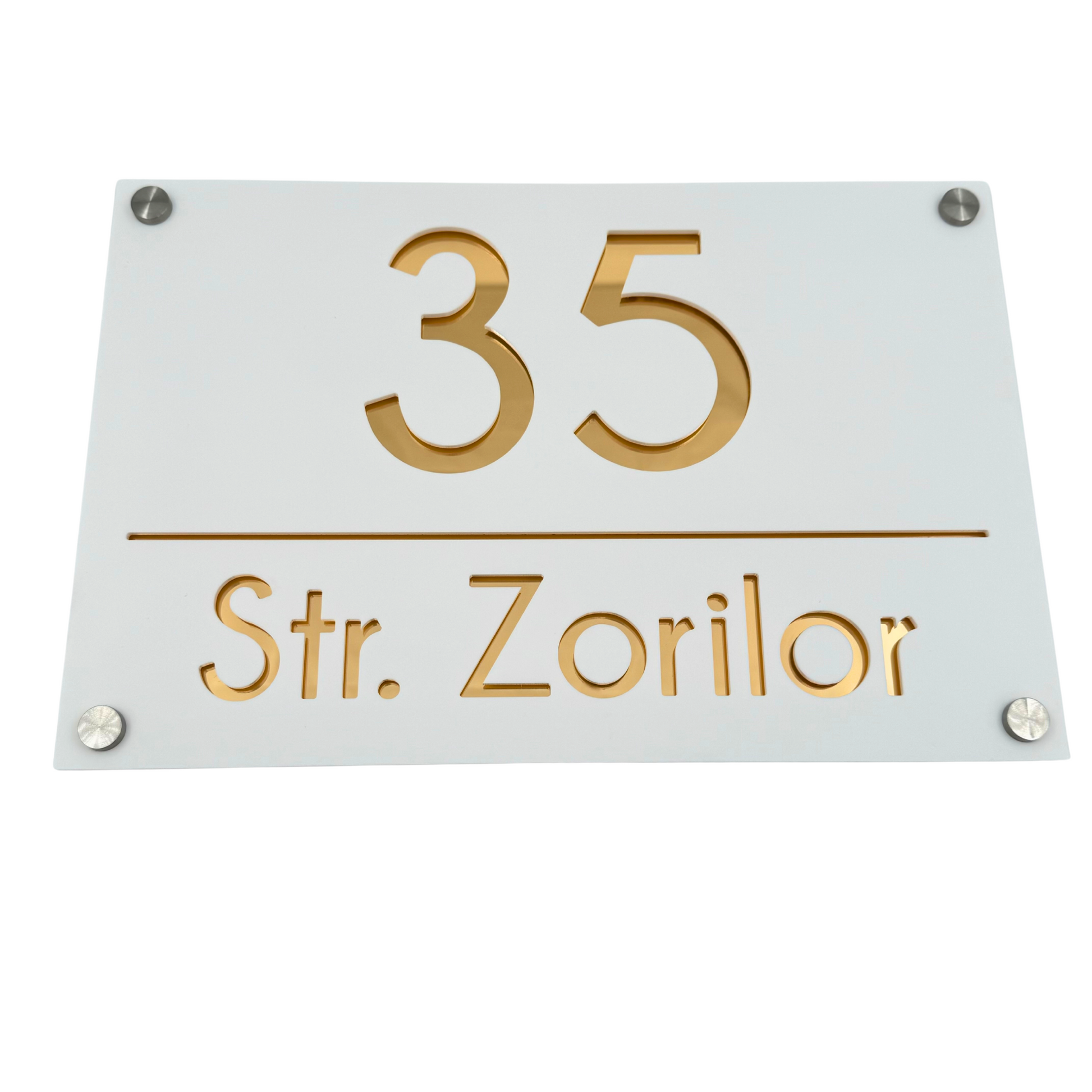 PREMIUM HOUSE NUMBER - White Satin Gold Mirror 4 Spacers Silver - 30×20 cm