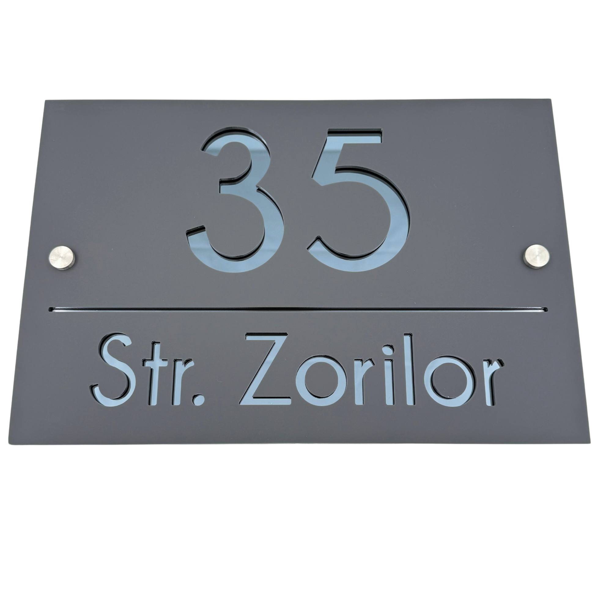 PREMIUM HOUSE NUMBER - Satin Grey Anthracite Grey Mirror 2 Spacers Silver - 30×20 cm
