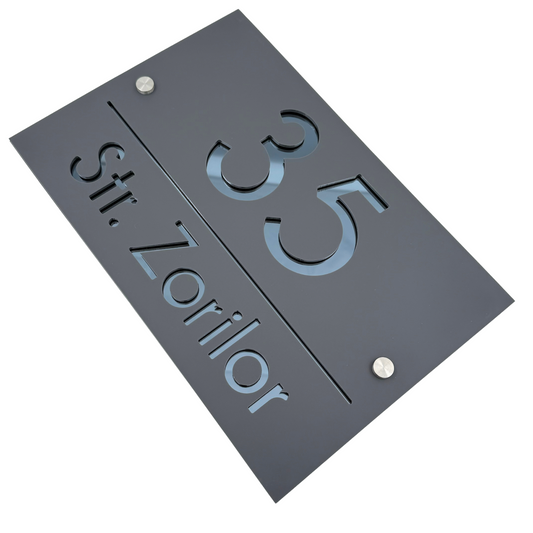 PREMIUM HOUSE NUMBER - Satin Grey Anthracite Grey Mirror 2 Spacers Silver - 30×20 cm