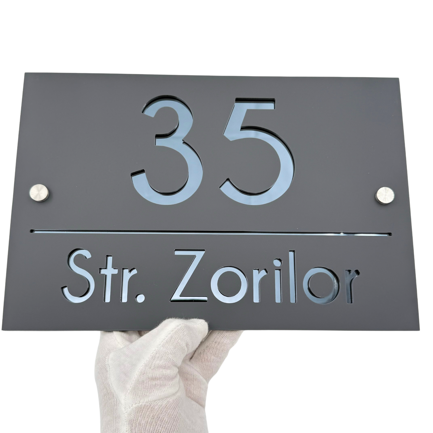 PREMIUM HOUSE NUMBER - Satin Grey Anthracite Grey Mirror 2 Spacers Silver - 30×20 cm