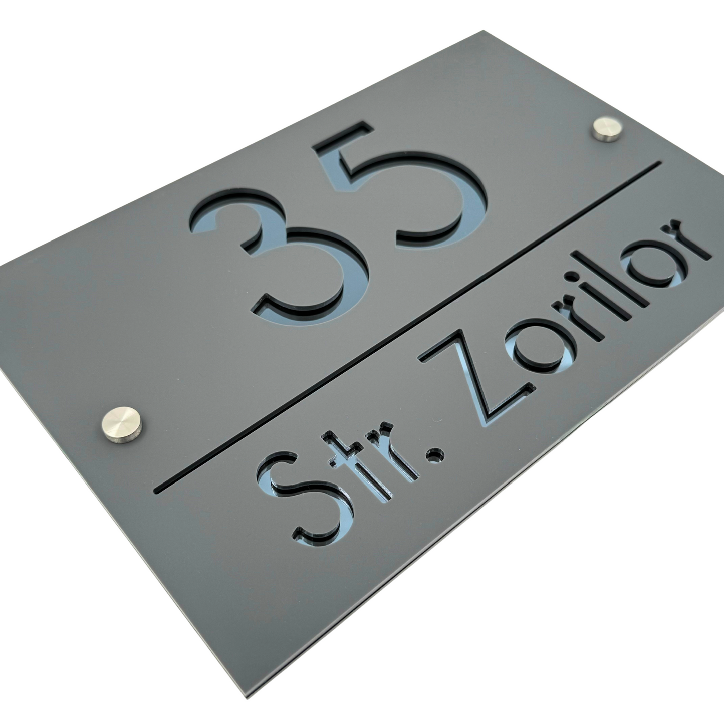 PREMIUM HOUSE NUMBER - Satin Grey Anthracite Grey Mirror 2 Spacers Silver - 30×20 cm