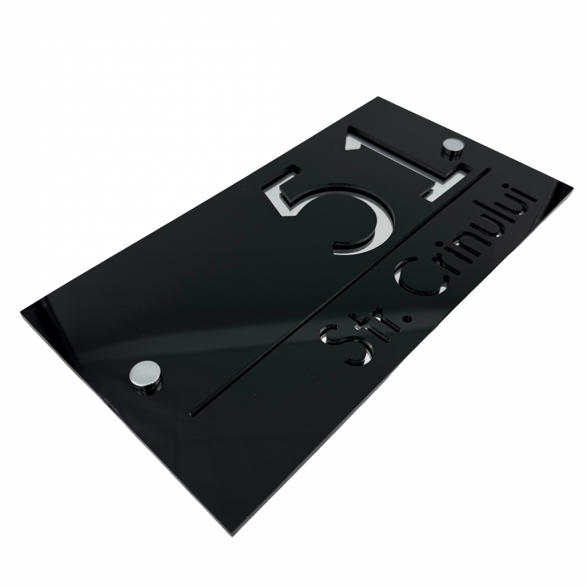 PREMIUM HOUSE NUMBER - Glossy Black Silver Mirror 2 Spacers Silver - 28×15 cm