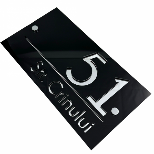 PREMIUM HOUSE NUMBER - Glossy Black Silver Mirror 2 Spacers Silver - 28×15 cm