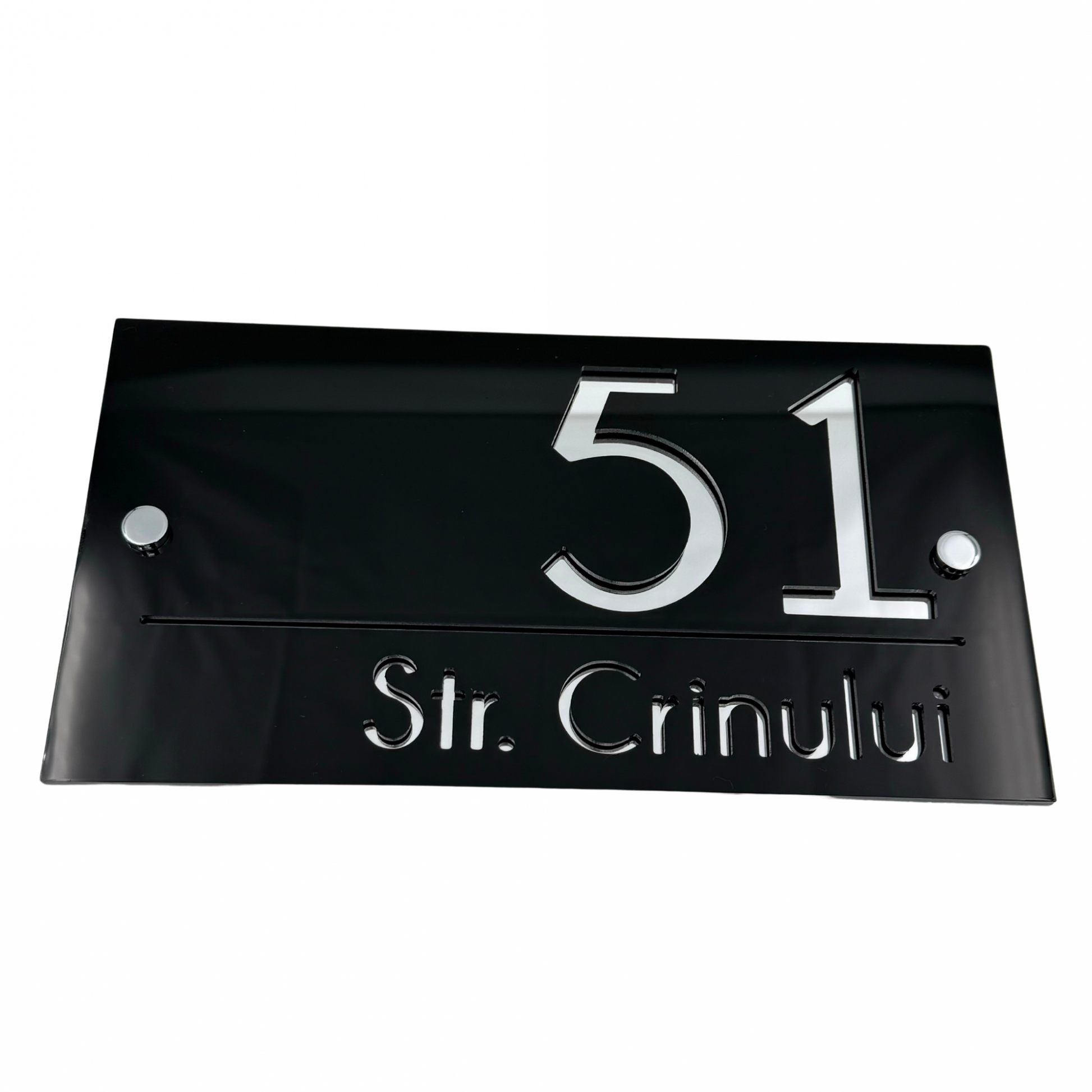 PREMIUM HOUSE NUMBER - Glossy Black Silver Mirror 2 Spacers Silver - 28×15 cm