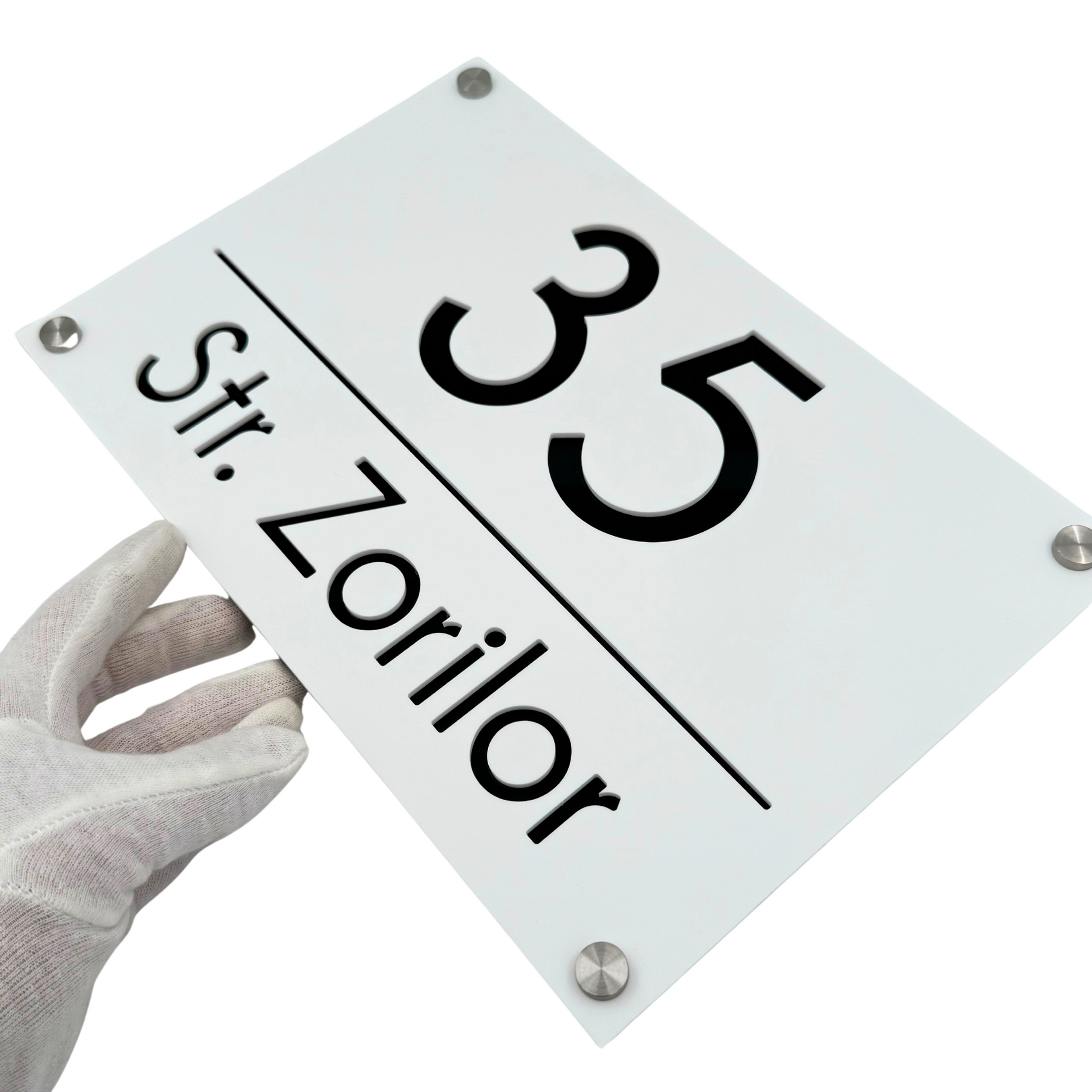 PREMIUM HOUSE NUMBER - White Satin Glossy Black 4 Spacers Silver - 30×20 cm
