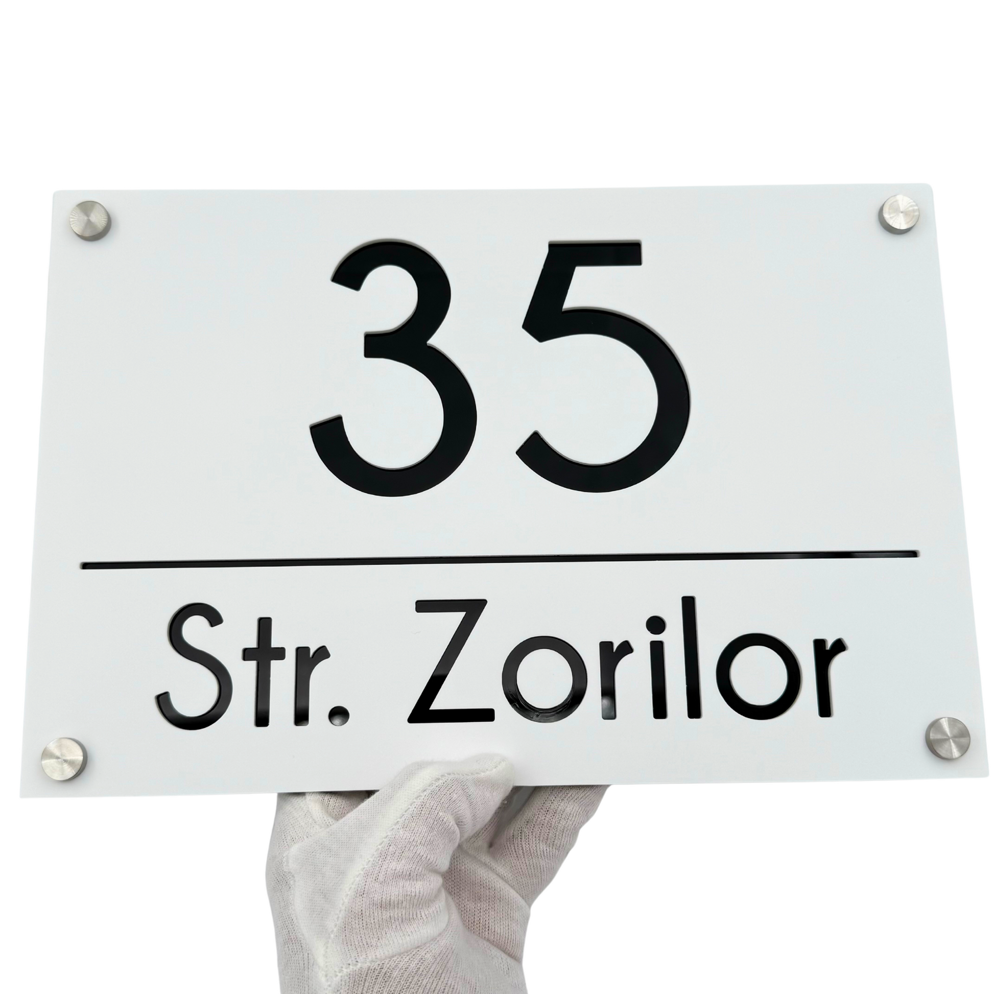 PREMIUM HOUSE NUMBER - White Satin Glossy Black 4 Spacers Silver - 30×20 cm