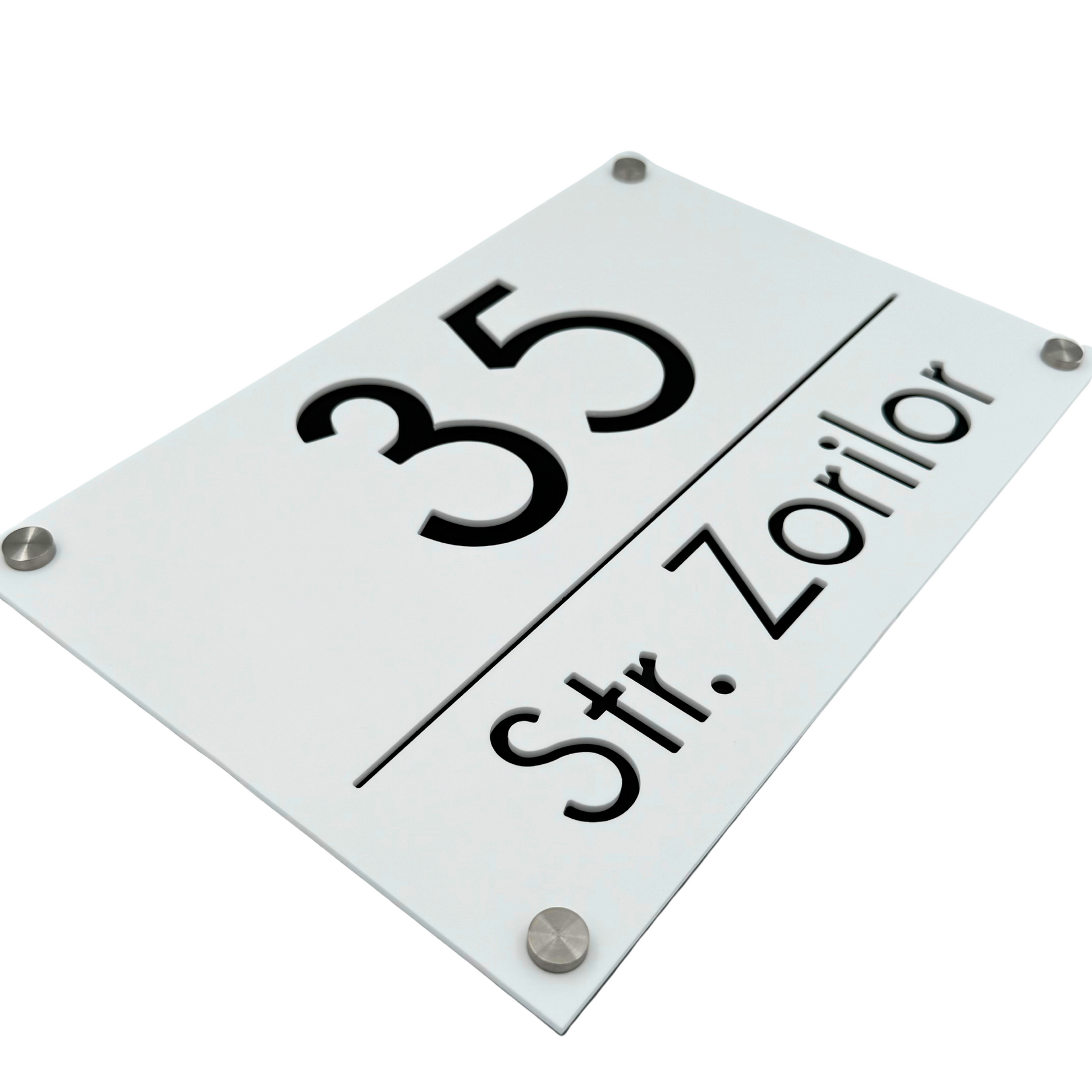PREMIUM HOUSE NUMBER - White Satin Glossy Black 4 Spacers Silver - 30×20 cm
