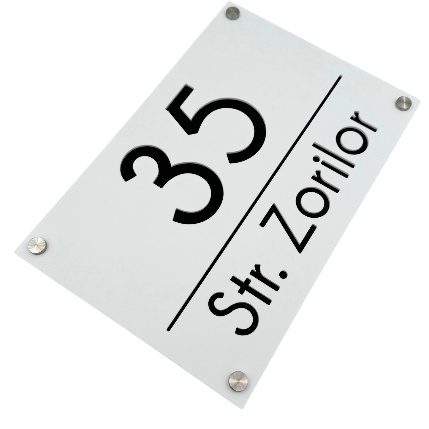 PREMIUM HOUSE NUMBER - White Satin Glossy Black 4 Spacers Silver - 30×20 cm