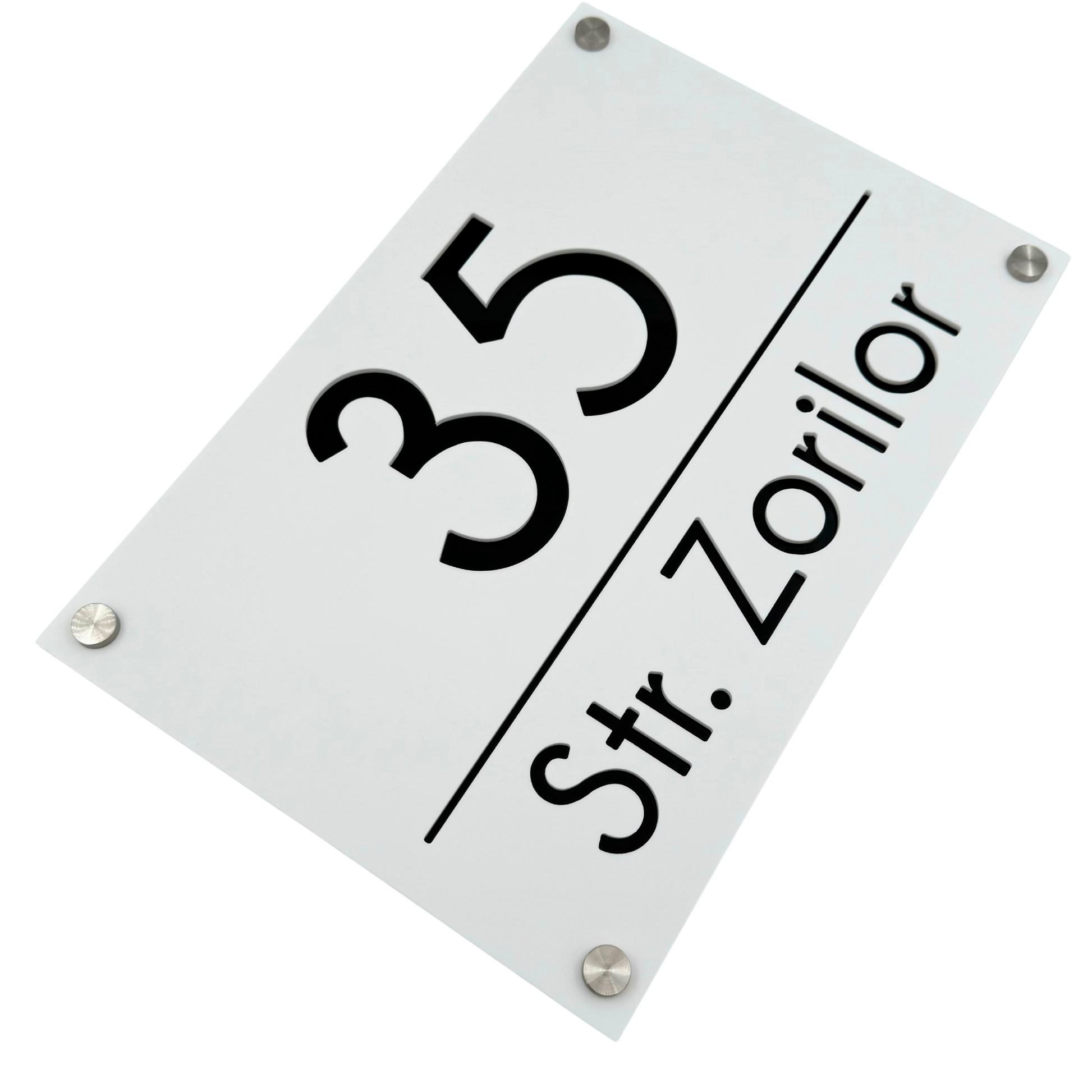PREMIUM HOUSE NUMBER - White Satin Glossy Black 4 Spacers Silver - 30×20 cm