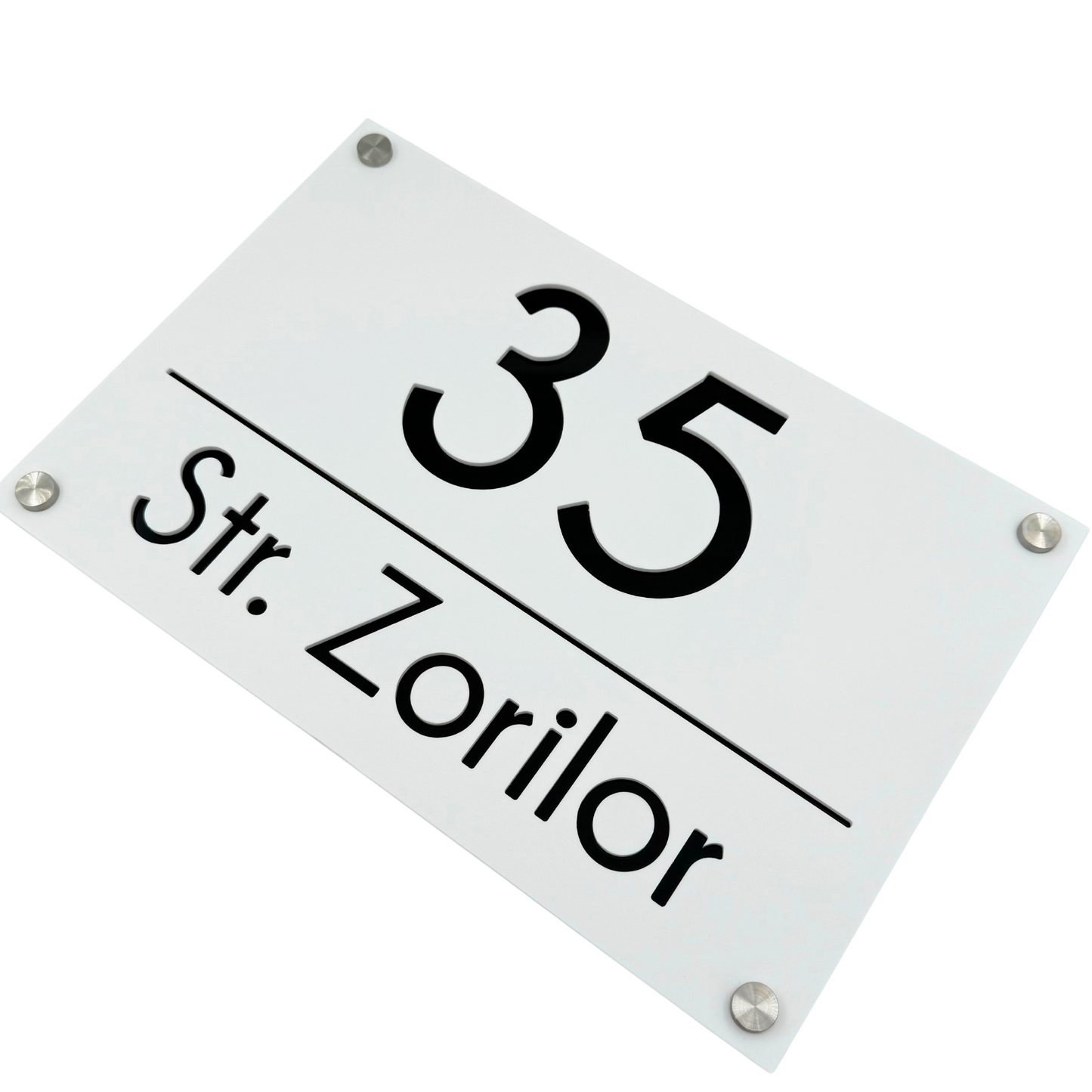 PREMIUM HOUSE NUMBER - White Satin Glossy Black 4 Spacers Silver - 30×20 cm