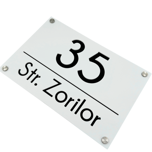 PREMIUM HOUSE NUMBER - White Satin Glossy Black 4 Spacers Silver - 30×20 cm