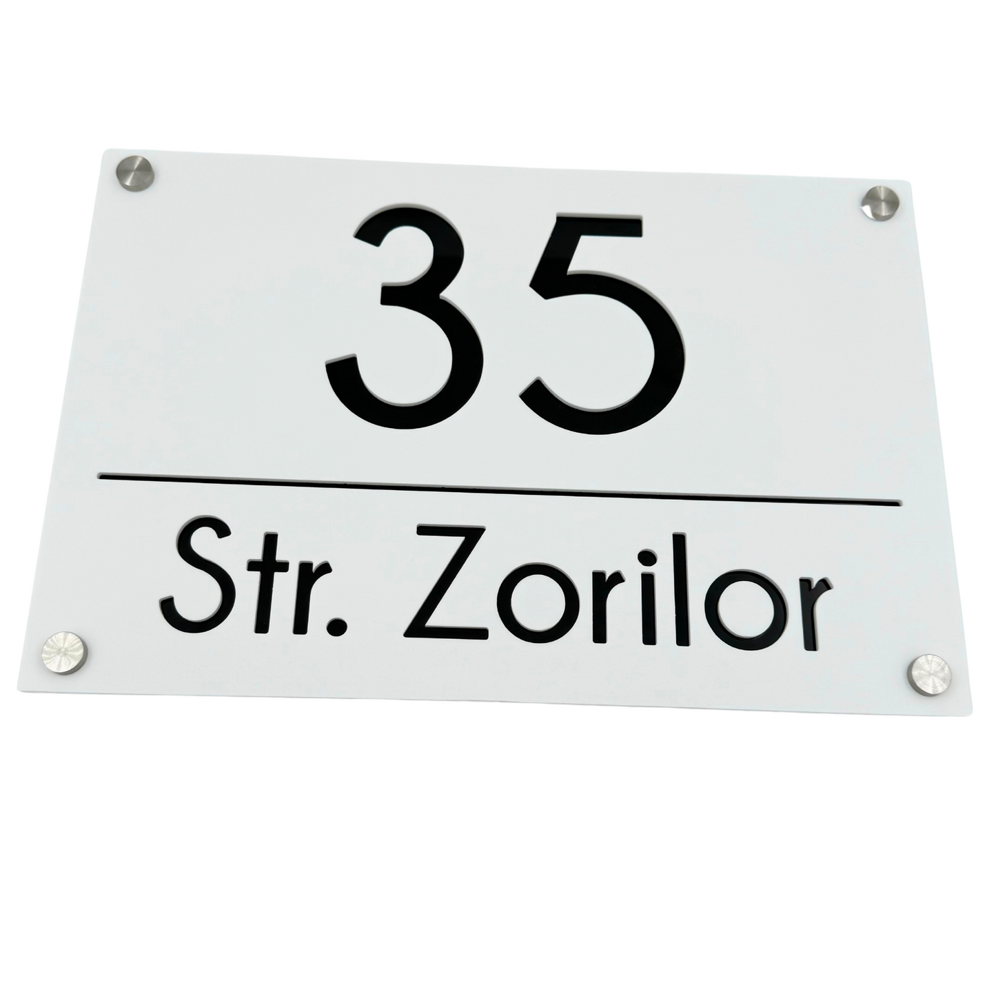 PREMIUM HOUSE NUMBER - White Satin Glossy Black 4 Spacers Silver - 30×20 cm