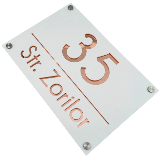 PREMIUM HOUSE NUMBER - White Satin Rose Gold Mirror 4 Spacers Silver - 30×20 cm