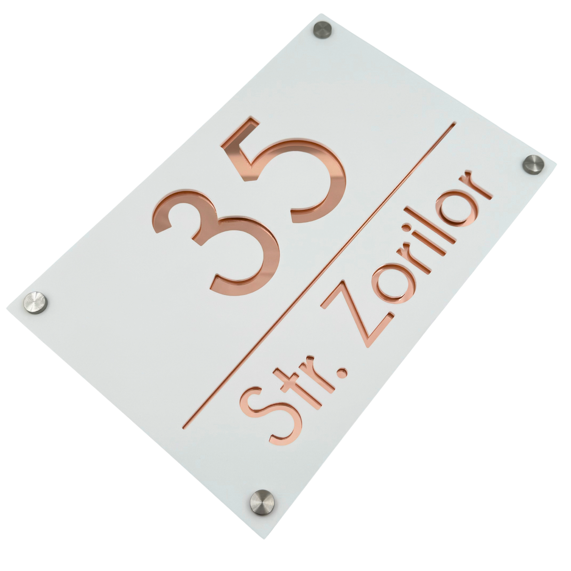 PREMIUM HOUSE NUMBER - White Satin Rose Gold Mirror 4 Spacers Silver - 30×20 cm