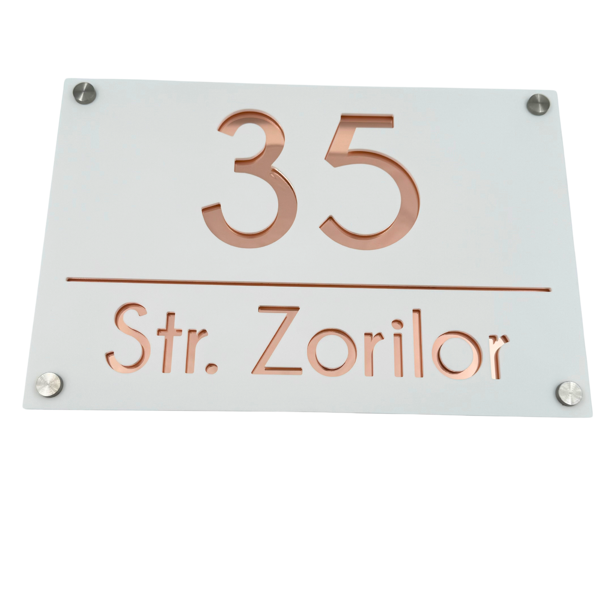 PREMIUM HOUSE NUMBER - White Satin Rose Gold Mirror 4 Spacers Silver - 30×20 cm