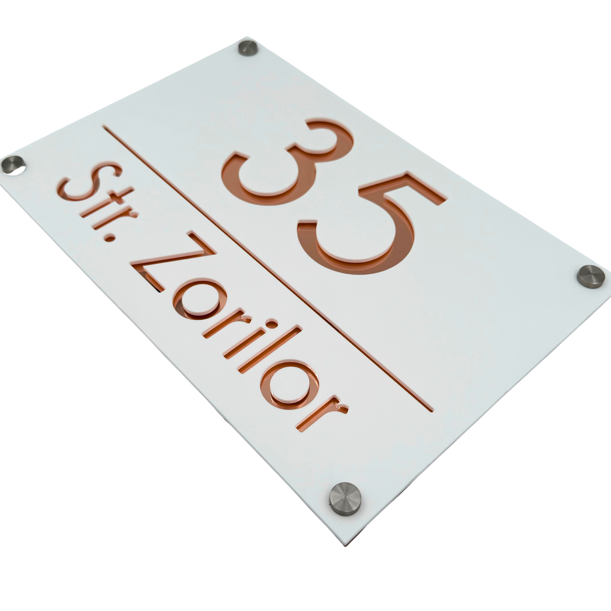 PREMIUM HOUSE NUMBER - White Satin Rose Gold Mirror 4 Spacers Silver - 30×20 cm