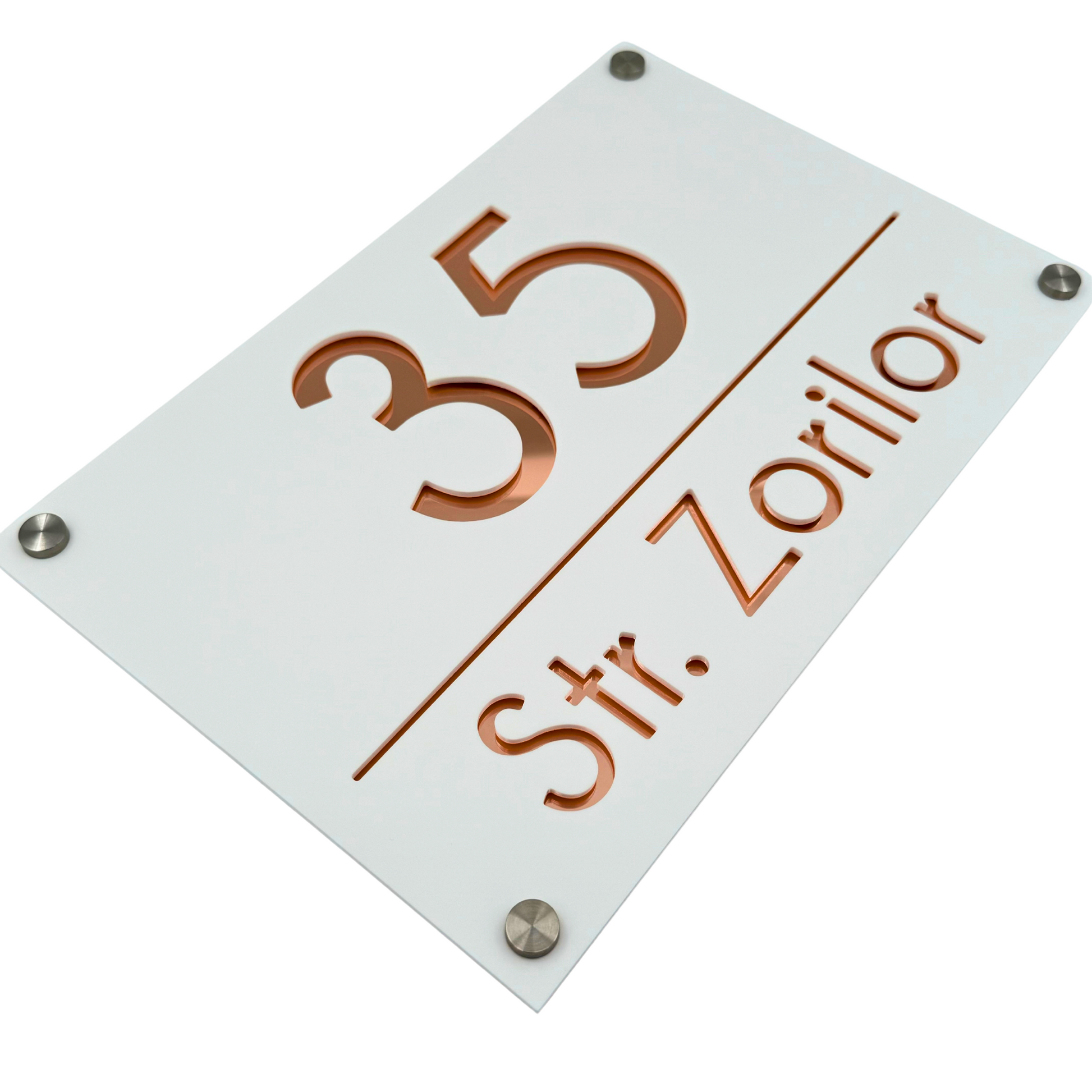 PREMIUM HOUSE NUMBER - White Satin Rose Gold Mirror 4 Spacers Silver - 30×20 cm