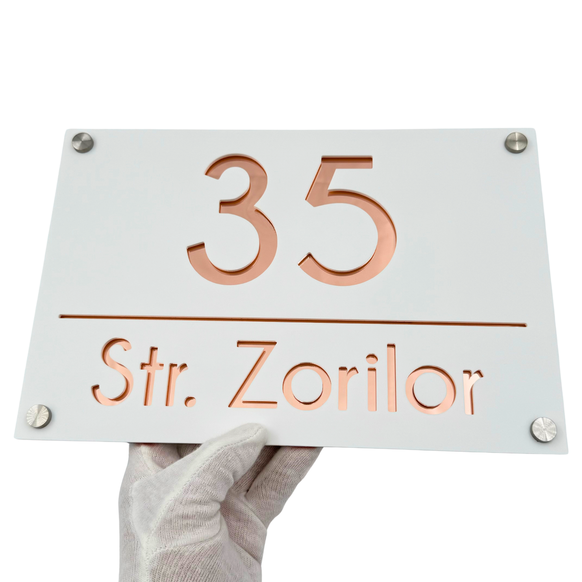 PREMIUM HOUSE NUMBER - White Satin Rose Gold Mirror 4 Spacers Silver - 30×20 cm