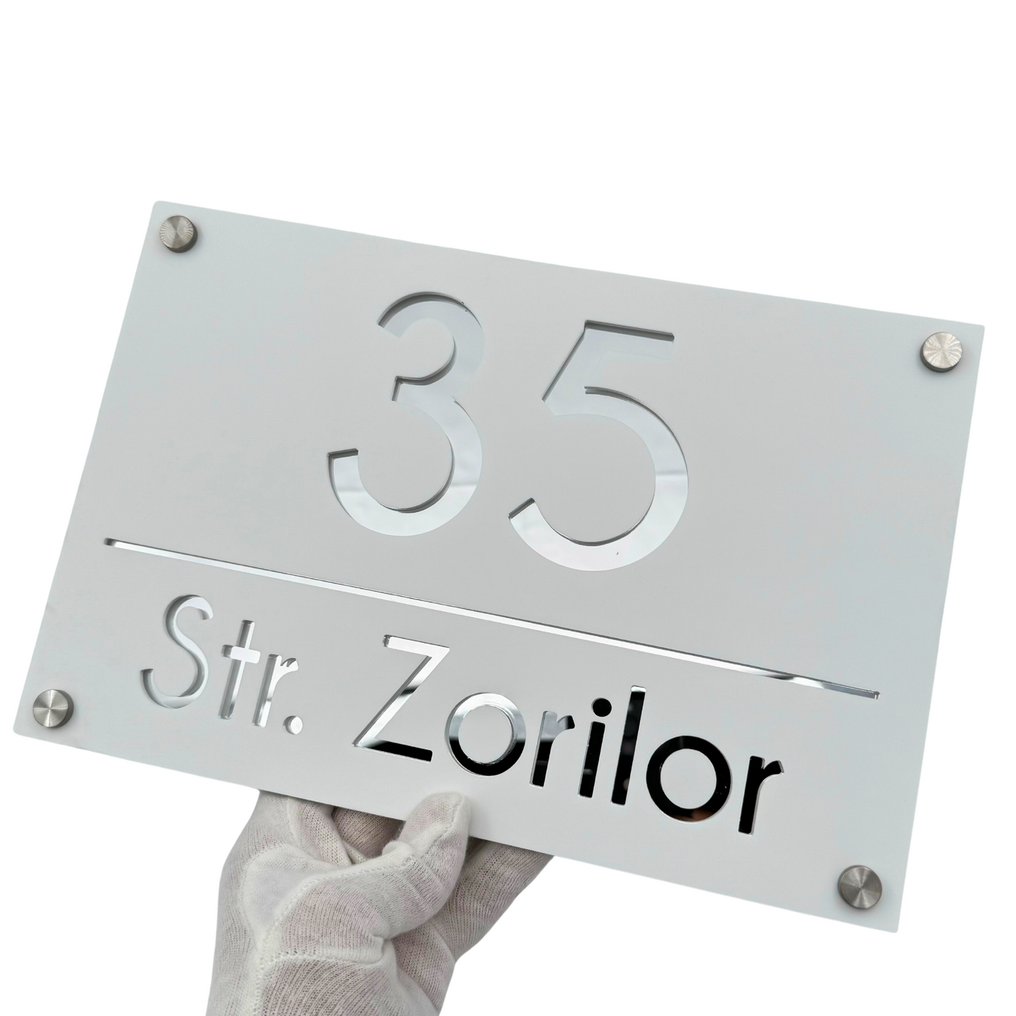 PREMIUM HOUSE NUMBER - White Satin Silver Mirror 4 Spacers Silver - 30×20 cm