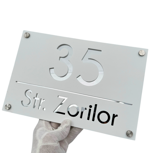 PREMIUM HOUSE NUMBER - White Satin Silver Mirror 4 Spacers Silver - 30×20 cm