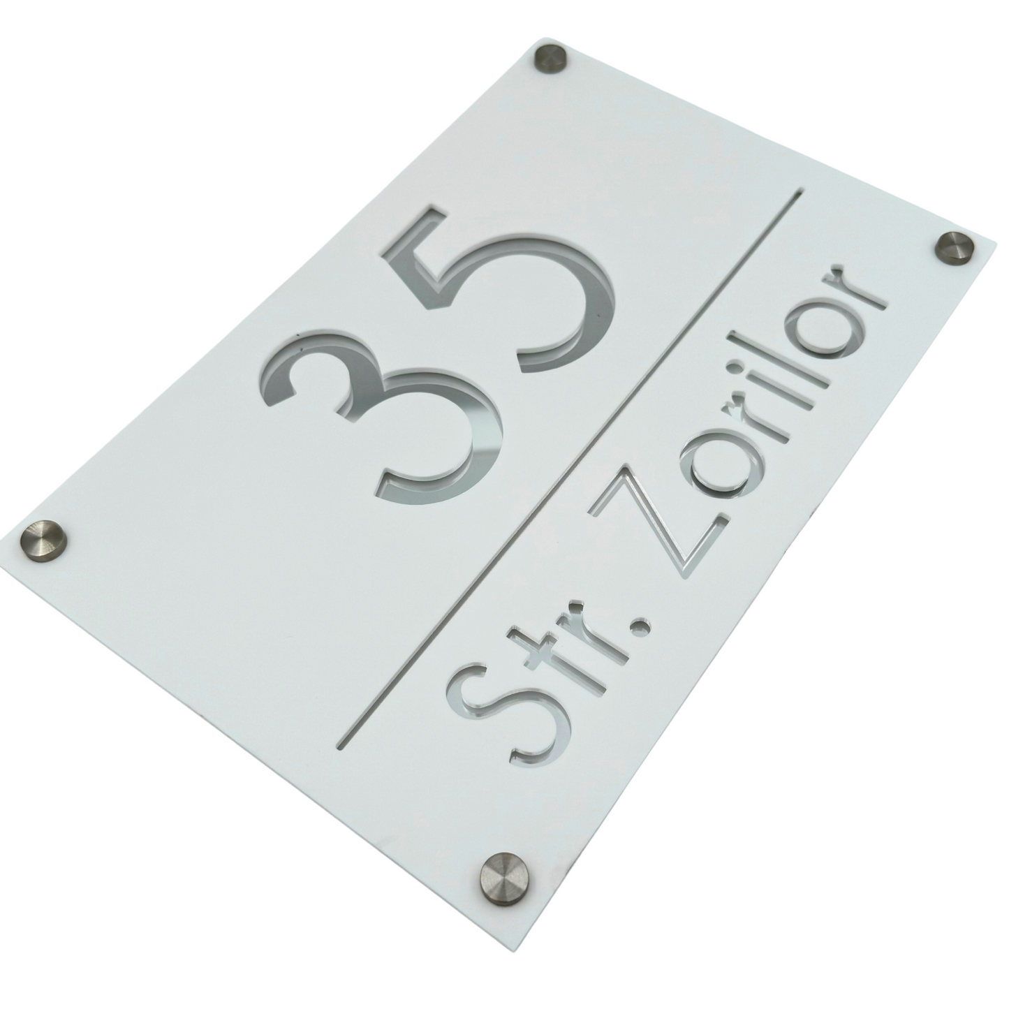 PREMIUM HOUSE NUMBER - White Satin Silver Mirror 4 Spacers Silver - 30×20 cm